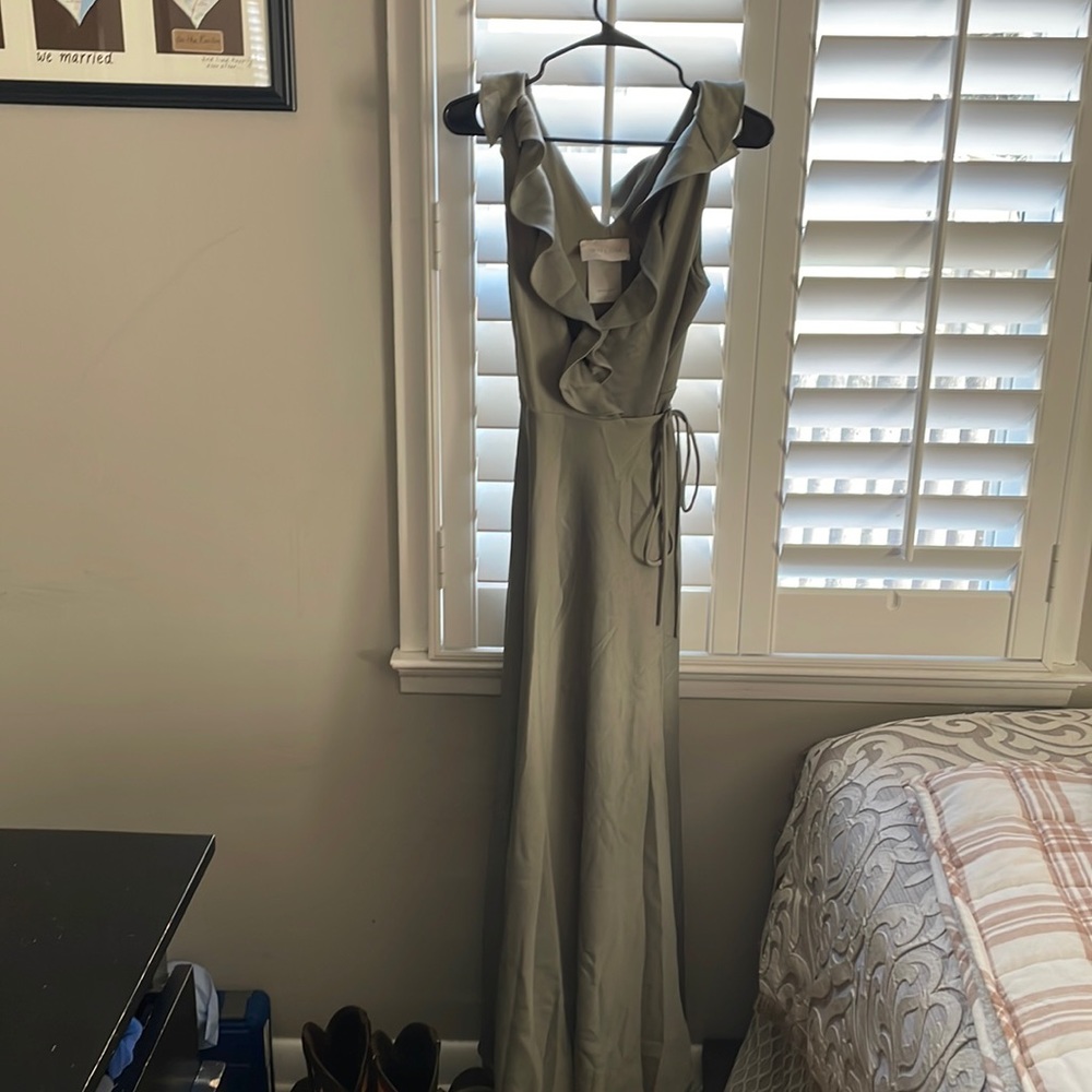 BHLDN- TANSY SATIN CHARMEUSE MAXI DRESS: color moss